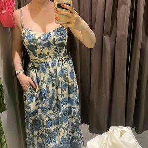 Zara Blue and Cream Floral Midi Dress